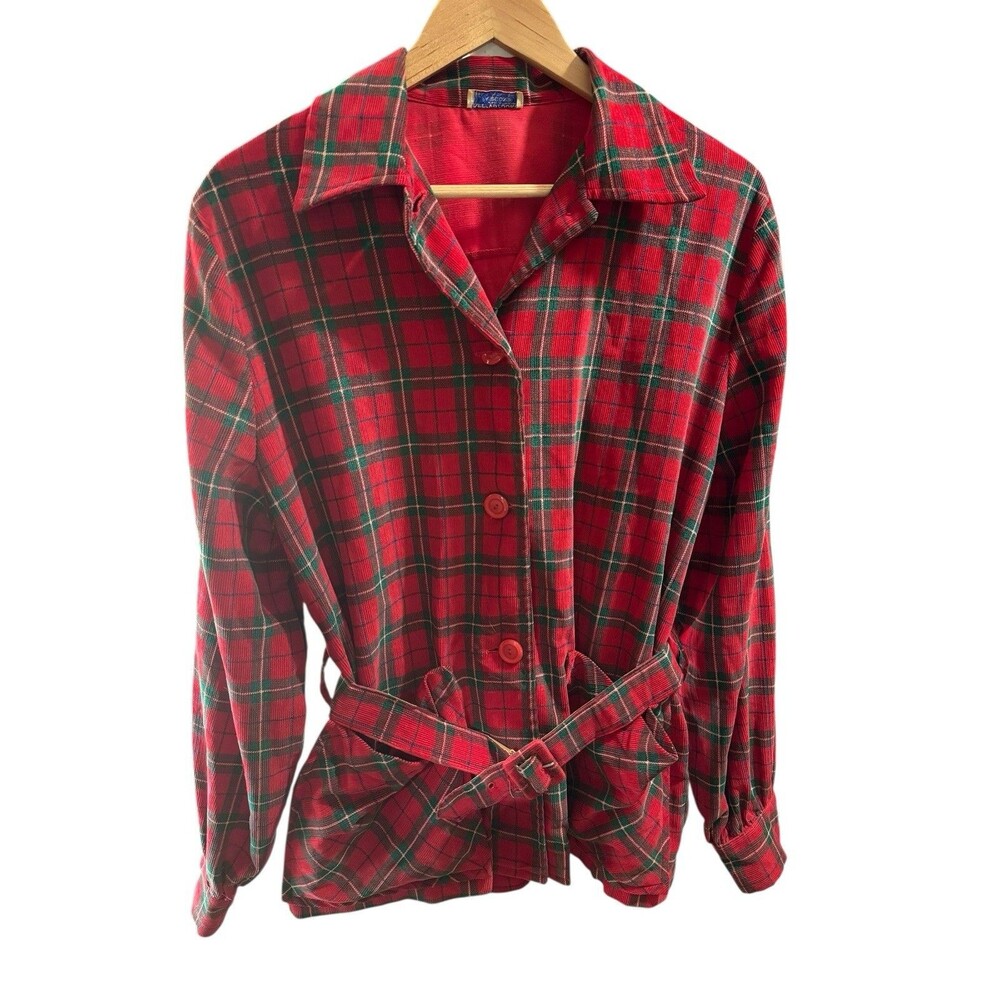 VTG 1950's Kerrybrooke Thin Red Green Flannel Coat Jacket with Belt USA Made